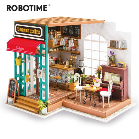 Coffee with Furnitures Children Adult Miniature Wooden Doll House Model Building Kits